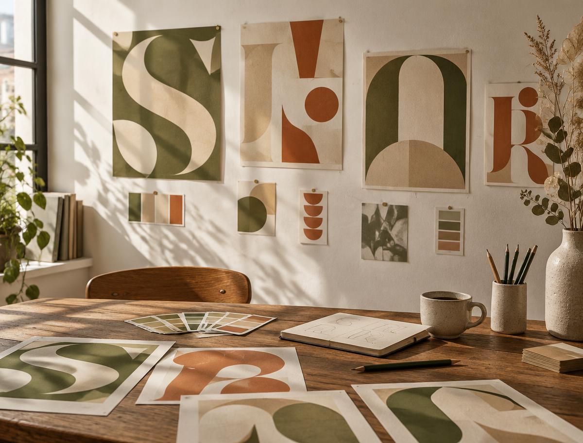 Pósters de campaña impresos con formas tipográficas abstractas en el estudio